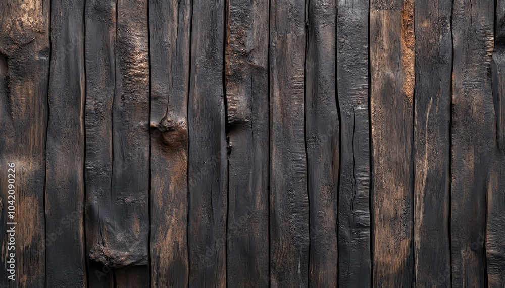 Fototapeta premium A textured wooden wall with dark, charred planks, showcasing natural variations and rustic charm. Perfect for design and decor themes.