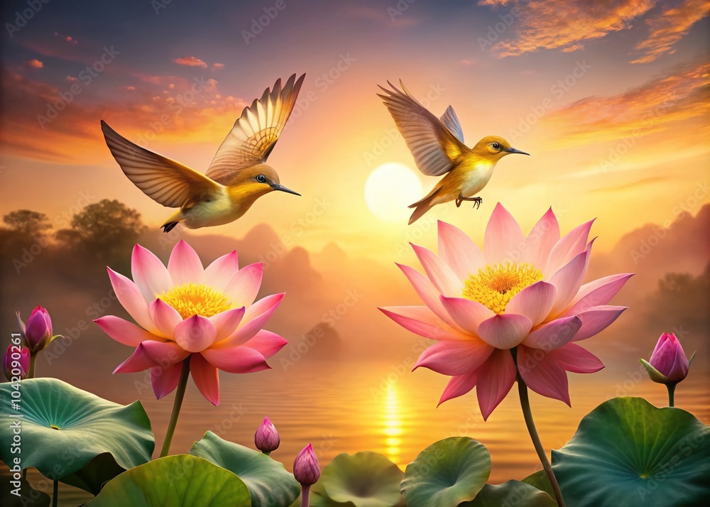 Fototapeta premium Vibrant Sunset with Yellow Birds and Hummingbirds on Lotus Flowers in a Pink Background