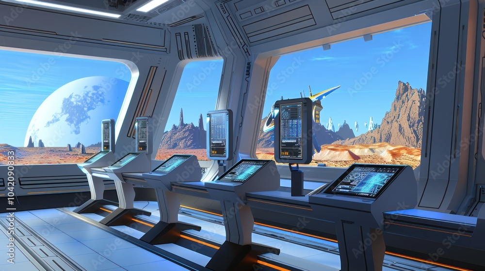 Futuristic Spaceship Interior with a View of an Alien Planet Futuristic Spaceship Interior with a View of an Alien Planet