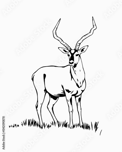 Saiga Antelope black and white vector art illustration