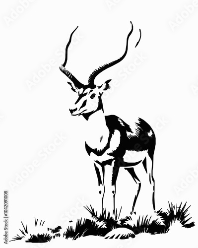 Saiga Antelope black and white vector art illustration