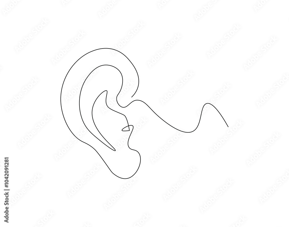Continuous one line drawing of human ear. One line drawing illustration of human anatomy. International listening day concept single line. Editable outline Continuous one line drawing of human ear. One line drawing illustration of human anatomy. International listening day concept single line. Editable outline