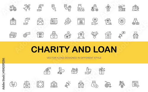 Charity and loan icon set. Vector illustration in modern thin line style of computer graphics related icons.