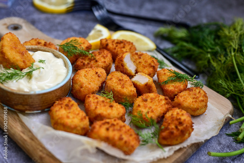 Crispy deep fried chicken popcorn nuggets and french fries . Breaded with Cornflakes chicken Breast fillets with chilly peppers and fresh basil on wooden rustic background