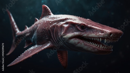 A close-up of a 3D rendered frilled shark with sharp teeth and glowing red eyes against a dark blue background with bubbles. photo