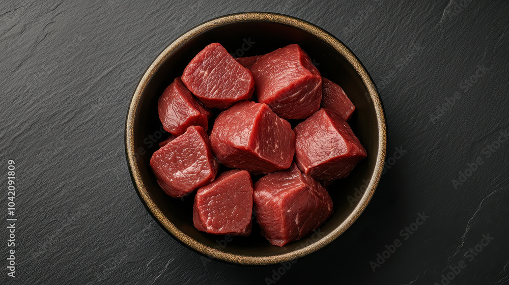 © Soul Craft Pixel  - Bowl of fresh, raw beef cubes sits on dark slate surface, ready for cooking. vibrant red color and texture of meat are highlighted, suggesting quality and freshness
