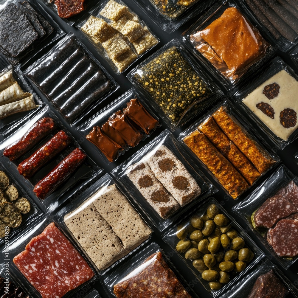 Top-down view of assorted plant-based meat alternatives in packaging, displaying a variety of shapes, sizes, and textures Top-down view of assorted plant-based meat alternatives in packaging, displaying a variety of shapes, sizes, and textures