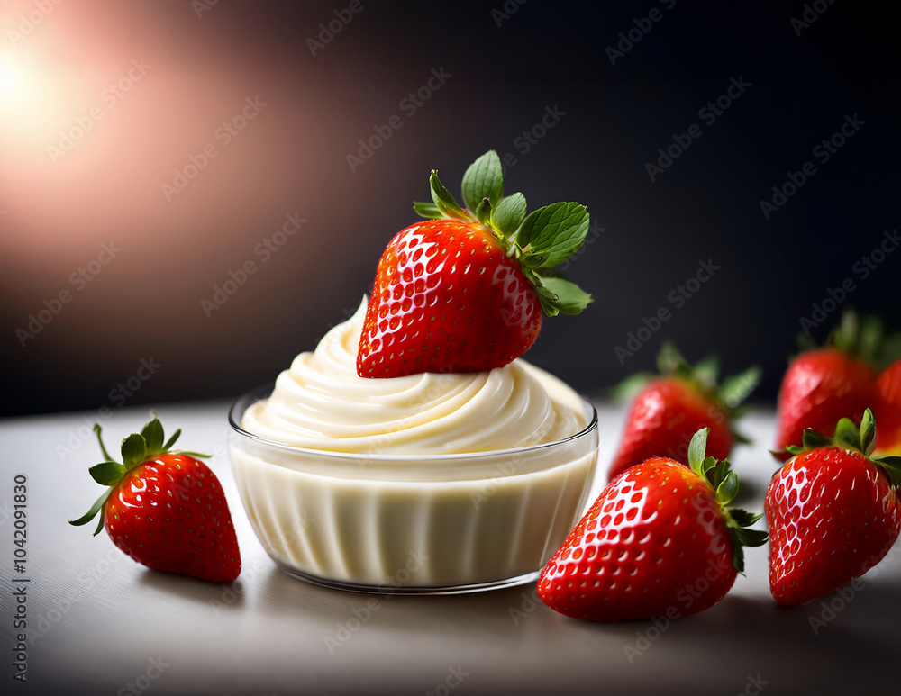 Erdbeeren auf und neben einem Dessert