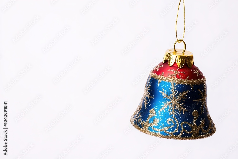 Blue and red Christmas bell with golden glitter on white Blue and red Christmas bell with golden glitter on white