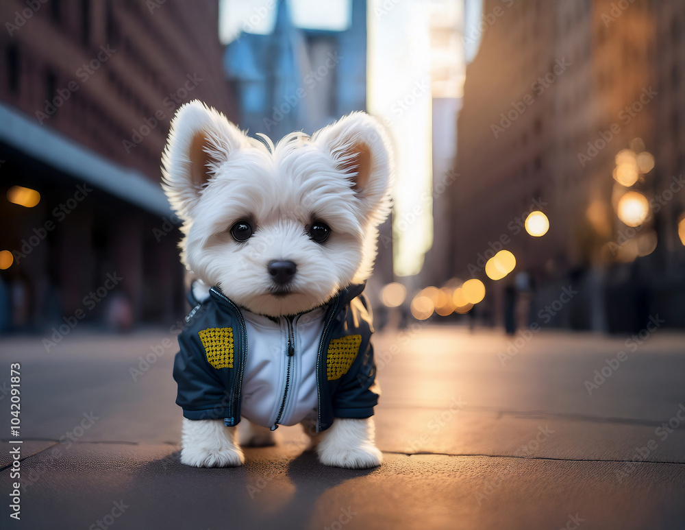 Ein kleiner West Highland White Terrier mit Sachen an .