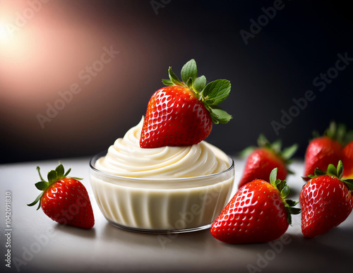 Obraz na płótnie Erdbeeren auf und neben einem Dessert w salonie