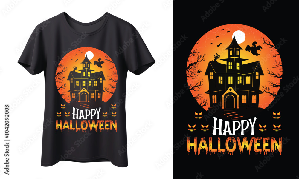 Happy Halloween – Spooky Halloween T-Shirt Design with Witch and Haunted House, ready for print, banner, shirt, mug, typography, vector, retro, vintage Happy Halloween – Spooky Halloween T-Shirt Design with Witch and Haunted House, ready for print, banner, shirt, mug, typography, vector, retro, vintage