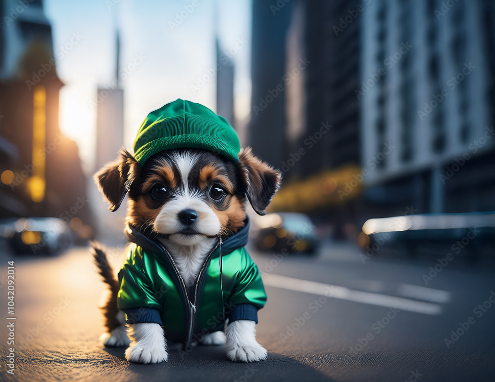 Ein kleiner Hund in Bekleidung für Hunde