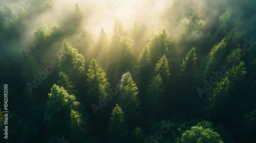 Aerial view of a misty forest with sunlight breaking through the trees.