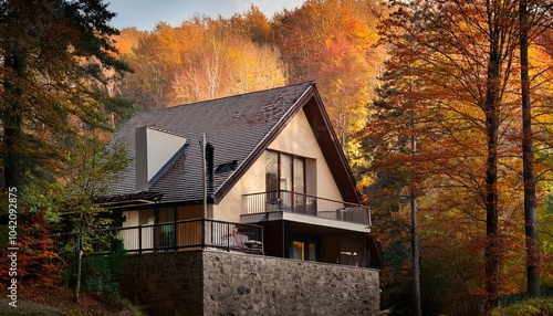 a house with a large balcony sits in a forest with trees in autumn