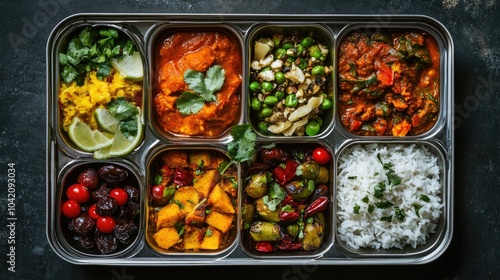 Traditional Indian lunchbox, filled with colorful, fragrant dishes, shot from above to highlight rich textures and spices.