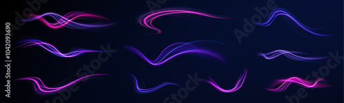 Shining lights in motion with small particles. Ring of fire, Plasma ring on a dark background. eon stripes in the form of drill, turns and swirl.