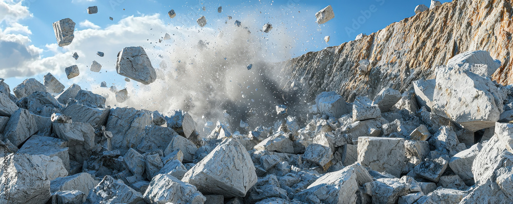 custom made wallpaper toronto digitalDynamic scene of stone blasting in quarry, showcasing large rocks being dislodged and debris flying through air. powerful explosion creates dramatic and energetic atmosphere