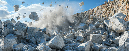 Dynamic scene of stone blasting in quarry, showcasing large rocks being dislodged and debris flying through air. powerful explosion creates dramatic and energetic atmosphere photo