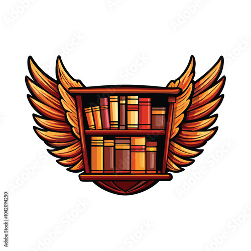 A bookshelf with wings flying, the books are colourful and the wings are orange.