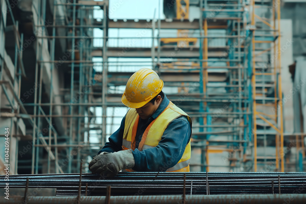 A construction worker in a safety helmet collaborates with colleagues on a busy industrial site A construction worker in a safety helmet collaborates with colleagues on a busy industrial site