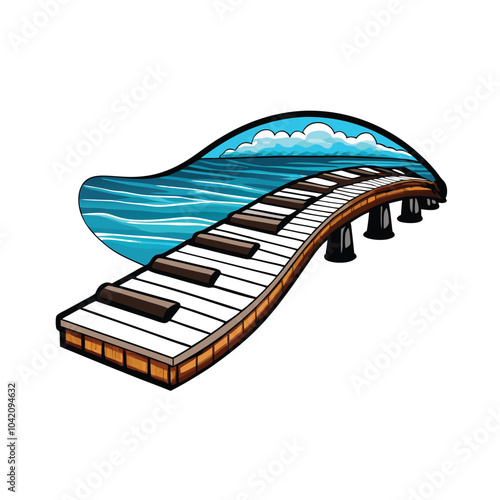 A whimsical bridge made of piano keys, stretching over an expanse of blue water, with clouds in the sky.