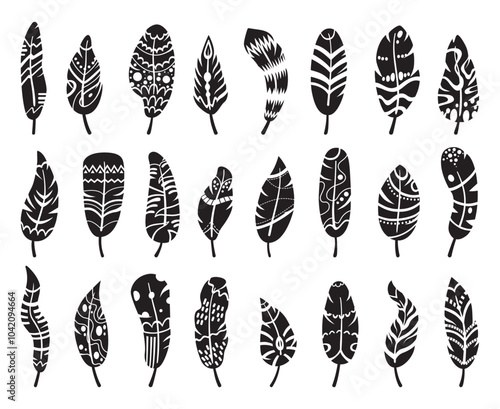 Black feather silhouettes. Ethnic feather icons clipart. Boho style rustic design birds plumage. Doodle decorative abstract nature neoteric vector set