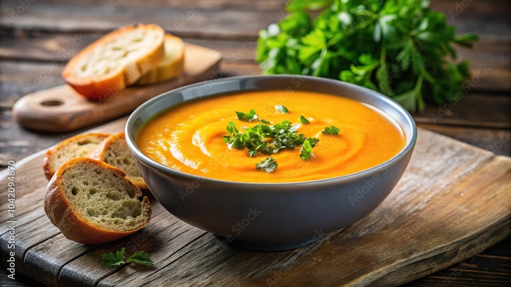 Creamy carrot soup with bread and herbs on table Creamy carrot soup with bread and herbs on table
