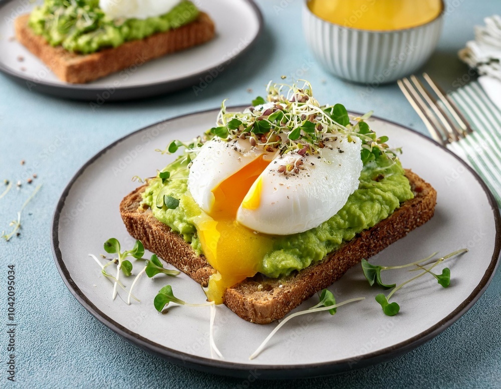 avocado toast with poached egg salad and sprouts for breakfast
