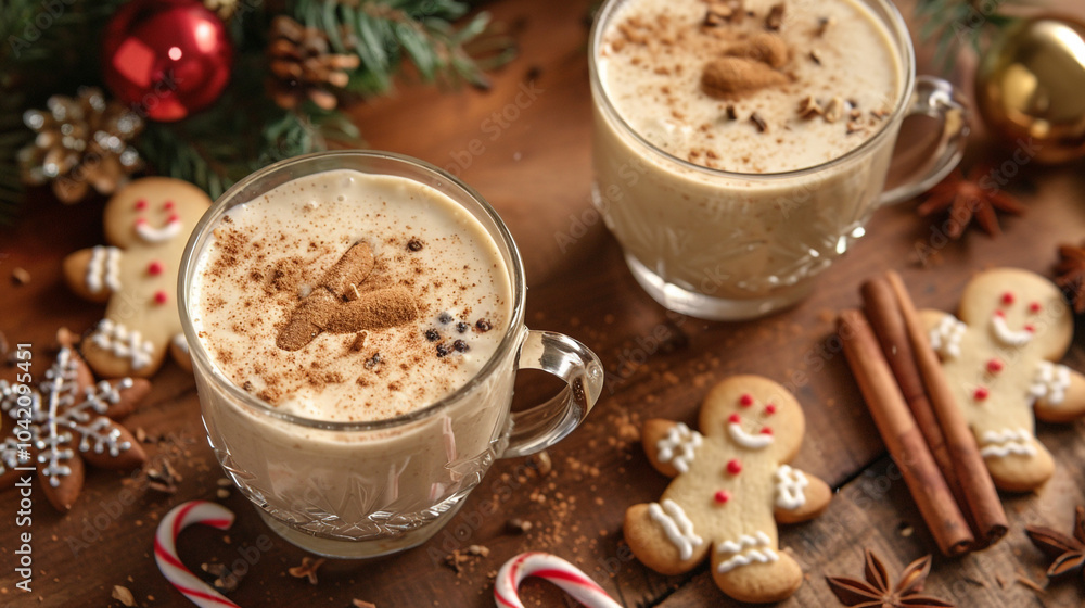 A detailed flat lay of spiced eggnog in glass mugs, topped with freshly grated nutmeg and cinnamon sticks, with gingerbread men and candy canes scattered around on a wooden table. A detailed flat lay of spiced eggnog in glass mugs, topped with freshly grated nutmeg and cinnamon sticks, with gingerbread men and candy canes scattered around on a wooden table.