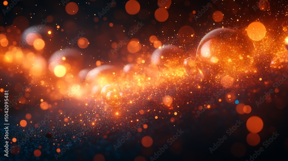 Obraz premium Bright orange bubbles surround an energetic glow amid a dark backdrop, creating a surreal and captivating visual effect that evokes excitement.