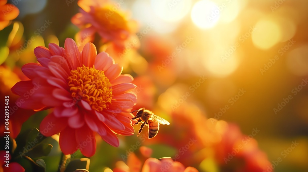 Bee pollinating pink flower in sunset light. Bee pollinating pink flower in sunset light.