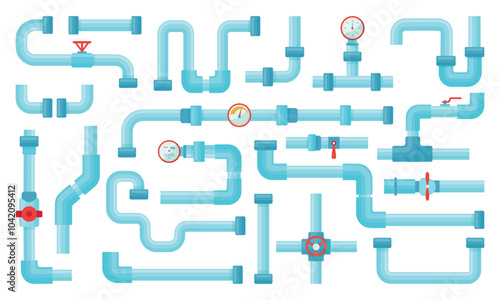 Cartoon industrial pipes. Plastic metal pipe with valves. System for water tube, gas fuel or air duct. Flows technology elements, neoteric vector set