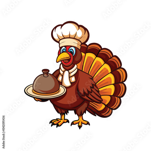 A cartoon turkey dressed as a chef with a white chef hat and a white apron is serving a tray.