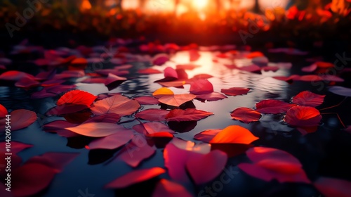 Autumn leaves on water with sunset glow. photo