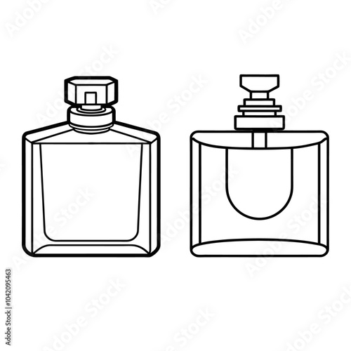 Perfume glass bottle realistic transparent, abstract geometric technical, blank white cosmetic cone shape bottle cap vector illustration