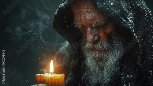 an old monk in a hood prays at night by a candle  photo