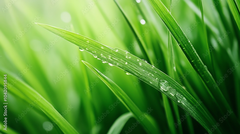 Dew drops on lush green grass blades.