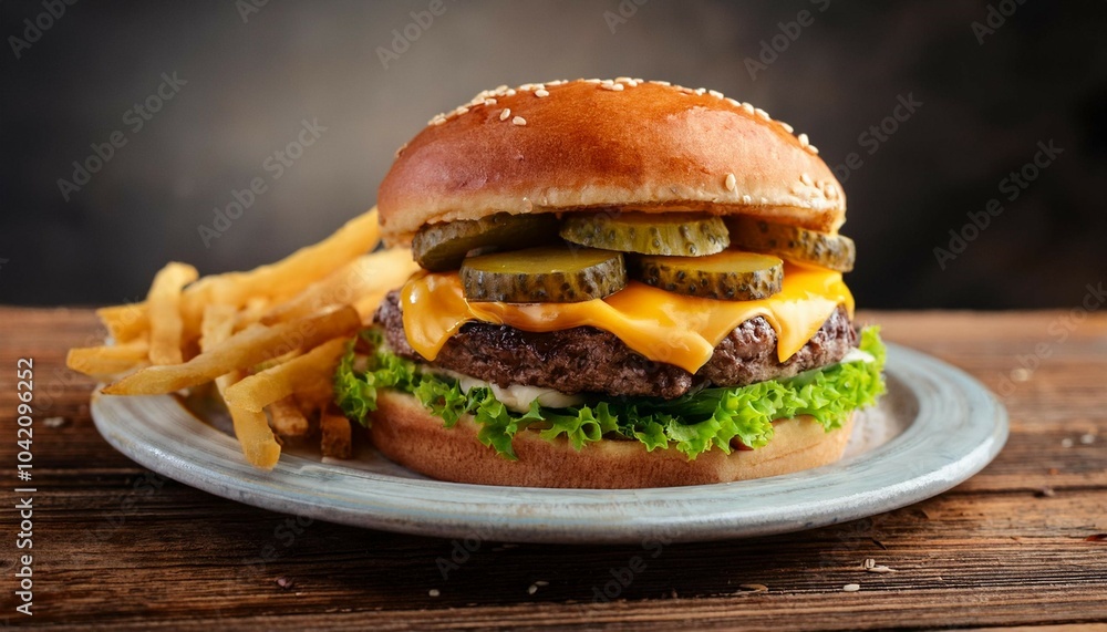 delicious cheeseburger with lettuce pickles and sesame seed bun served with fries on a wooden table during lunchtime delicious cheeseburger with lettuce pickles and sesame seed bun served with fries on a wooden table during lunchtime