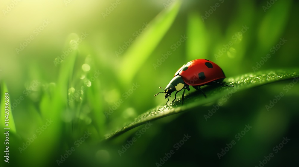 Fototapeta premium Ladybug on green leaf with dew drops.