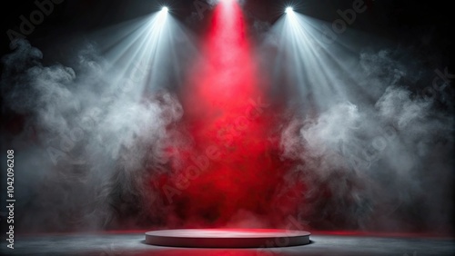 Cool grey smoke abstract background swirling on a stage illuminated by a scarlet red spotlight enhancing the drama against a black background