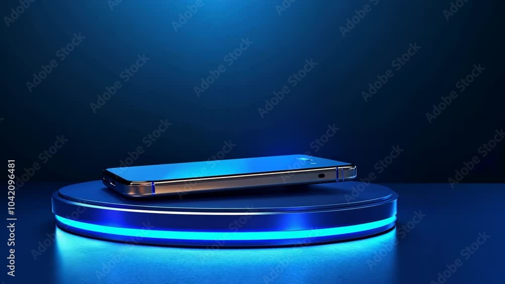 A smartphone rests on a glowing circular platform against a blue background A smartphone rests on a glowing circular platform against a blue background
