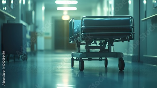 A hospital gurney sits in a dimly lit hallway, waiting for the next patient.