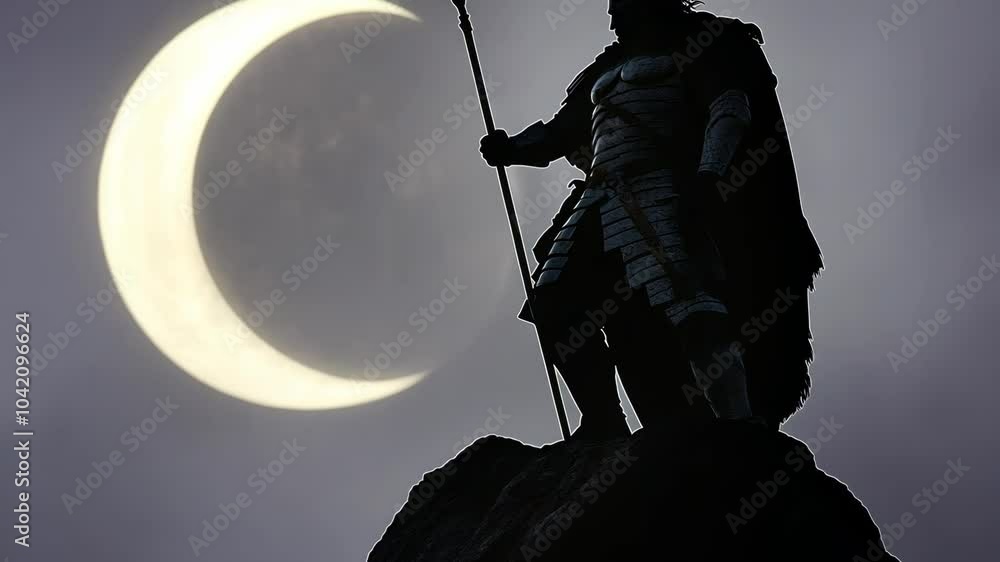 A warrior stands on a rock with a crescent moon in the sky A warrior stands on a rock with a crescent moon in the sky