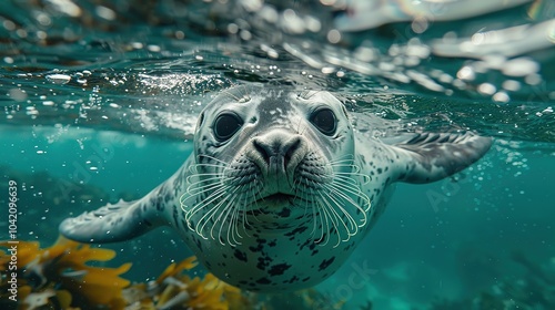 leopard seal swimming underwater in the antarctic sea towards the camera photo