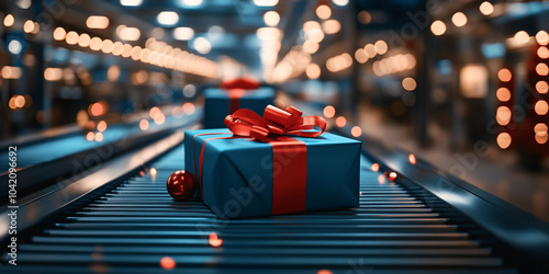 blue gift on conveyor belt
