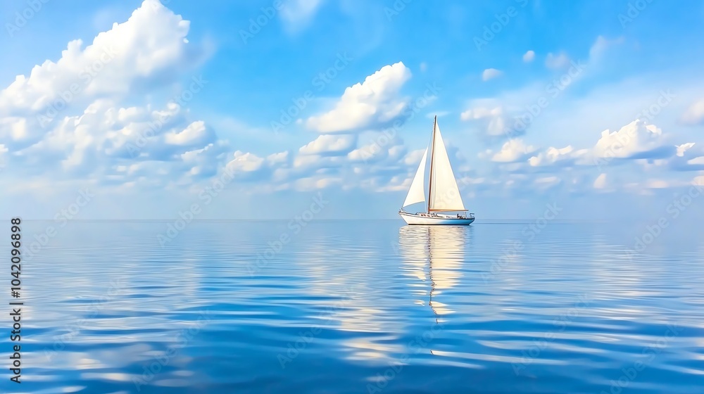 Obraz premium Sailboat on calm blue sea with clouds in sky.