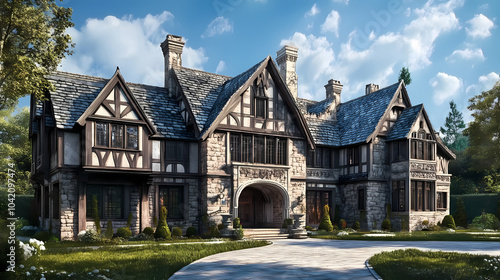 Tudor style mansion 3d illustration. tudor architecture. illustration. Tudor Mansion. Illustration