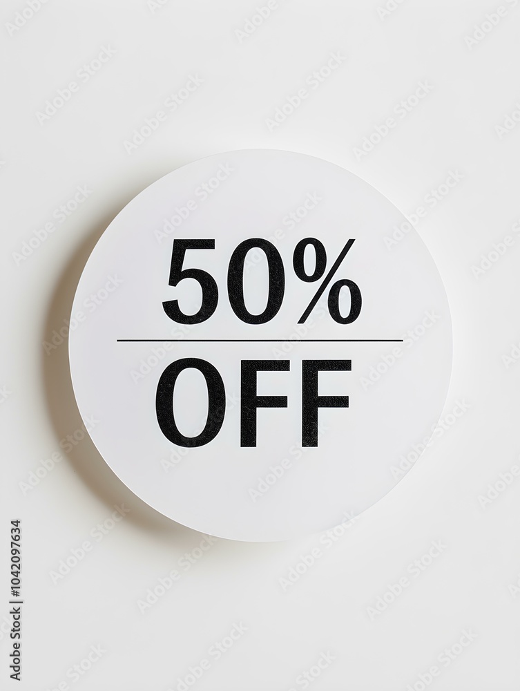 Black '50% OFF' Text on a White Round Paper Note. White Background Black '50% OFF' Text on a White Round Paper Note. White Background
