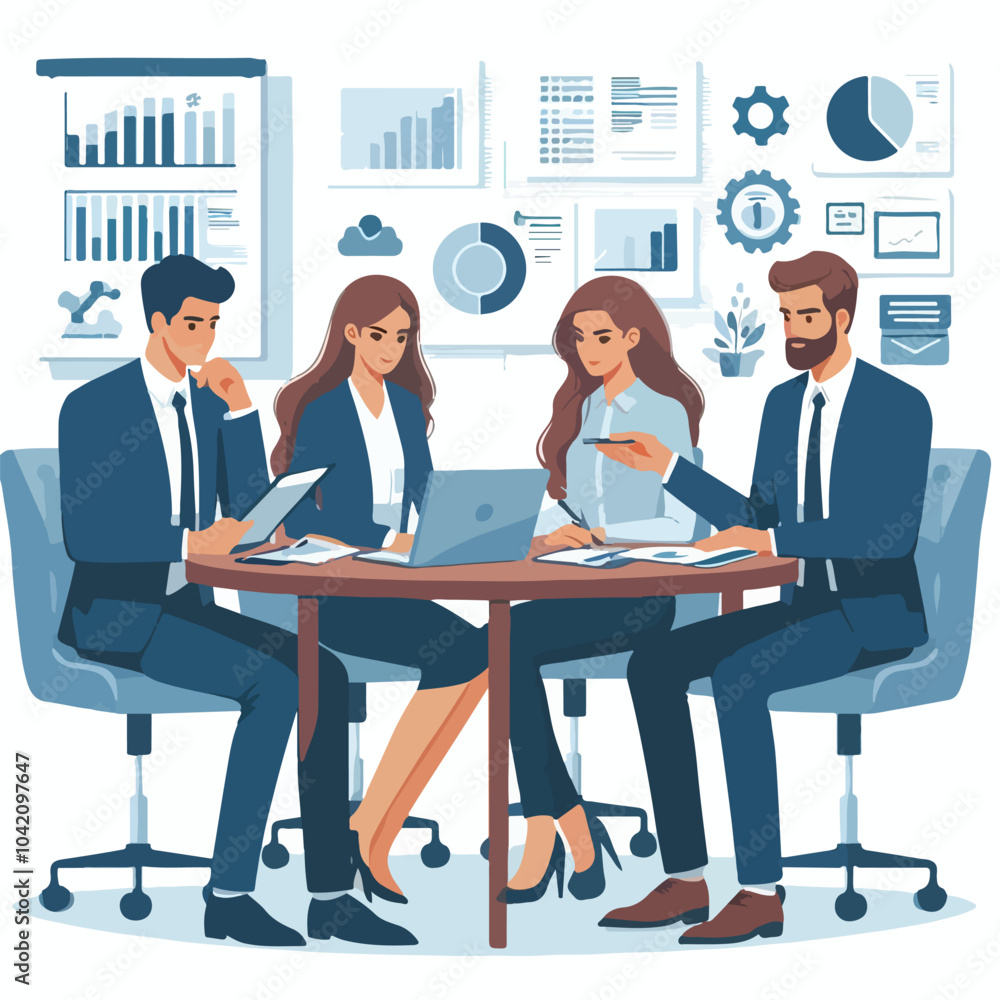 Partners meeting for business discussion with documents and laptop on desk. Couple at round table, speaking, discussing work, partnership. Flat vector illustration isolated on white background Partners meeting for business discussion with documents and laptop on desk. Couple at round table, speaking, discussing work, partnership. Flat vector illustration isolated on white background